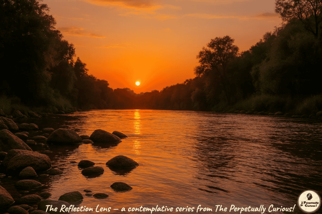 A river at sunset flows between tree-lined banks, rocks in the foreground and golden light reflecting on the water. From The Reflection Lens, a contemplative series from The Perpetually Curious!