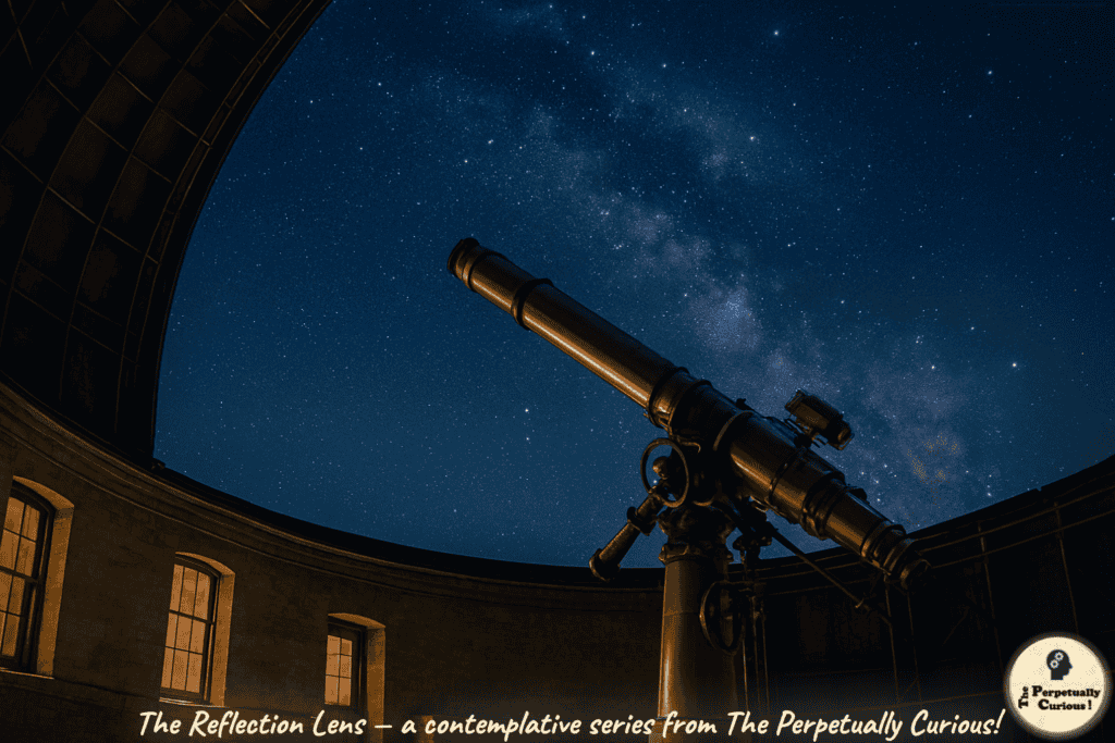 Illustration of a quiet observatory interior with a telescope aimed toward a star-filled night sky, where the Milky Way is visible. From The Reflection Lens, a contemplative series from The Perpetually Curious!