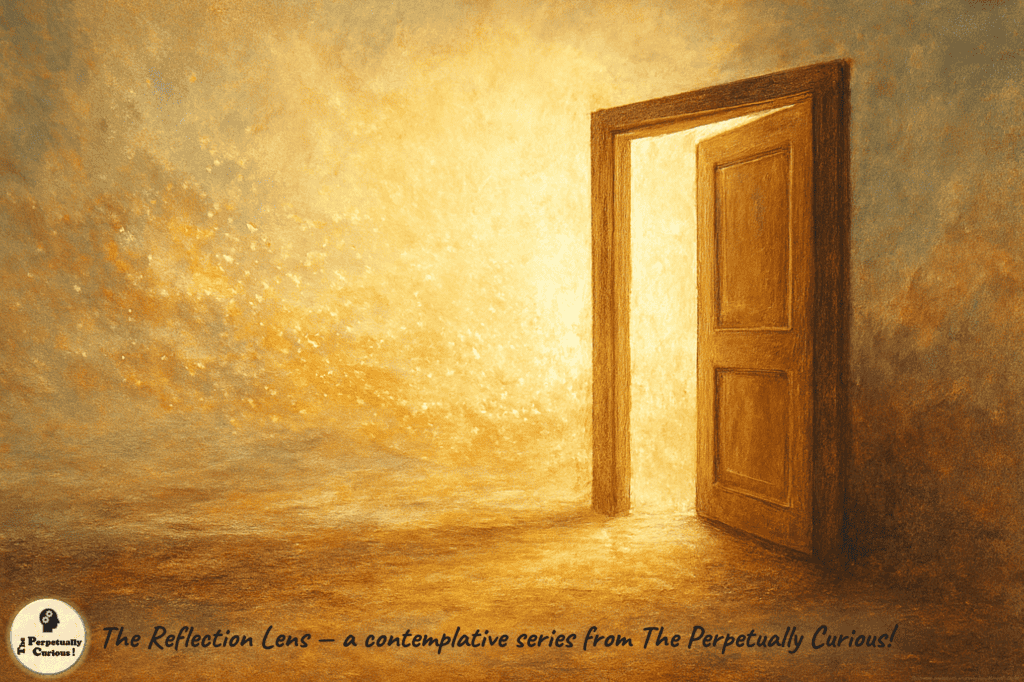 A solitary wooden doorway stands open in a golden, ethereal landscape. Through the doorway, brilliant light pours out, transforming the surrounding space with swirling clouds of warm amber and cream. The door itself exists without walls, capturing the paradox of thresholds that belong to neither the space before nor after them. From The Reflection Lens, a contemplative series From The Perpetually Curious!