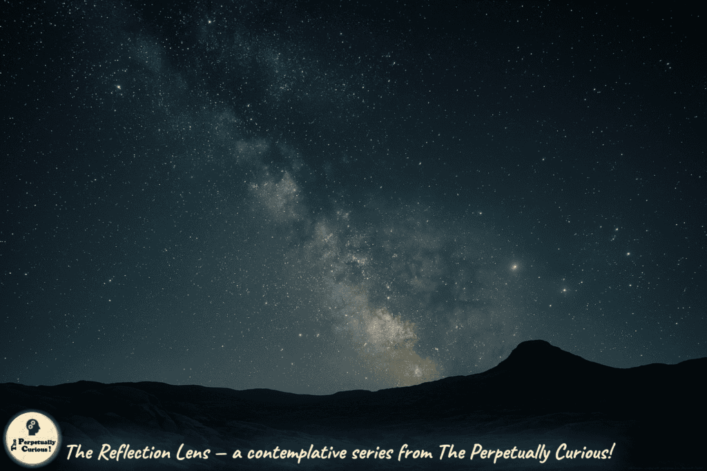 Illustration of the Milky Way galaxy threading as a luminous band through the dark night sky above silhouetted mountain peaks, showing thousands of individual stars as points of ancient light arriving from across cosmic time. From The Reflection Lens, a contemplative series from The Perpetually Curious!
