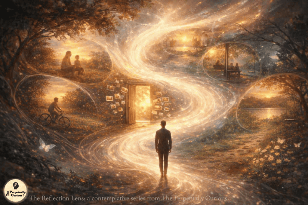 A surreal digital painting shows a silhouetted figure walking along a glowing path of light that winds through four circular memory scenes. Each scene contains blurred human figures in calm settings under a tree, on a bicycle, near a swing, and by a lake. An open door emits golden light and floating photographs surround it. The entire scene is warm, ethereal, and reflective.