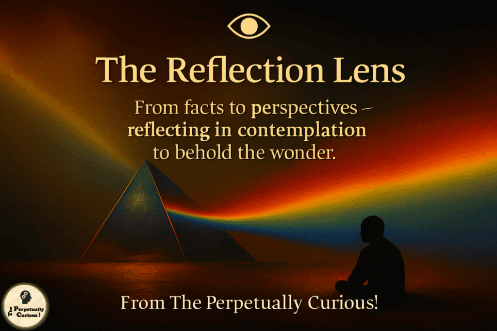 Artwork of a seated figure facing a prism that spreads a single beam of light into a rainbow, representing The Reflection Lens series about moving from facts to perspectives on The Perpetually Curious!
