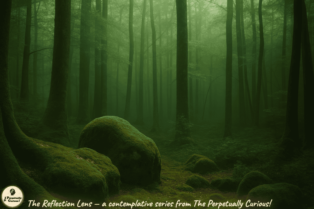 A misty green forest with tall trees and moss-covered rocks, evoking the deep silence and stillness of natural quiet. From The Reflection Lens, a contemplative series from The Perpetually Curious!
